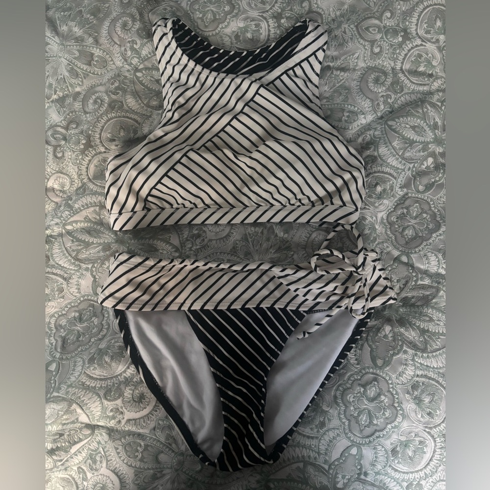 Athleta striped high neck bikini set